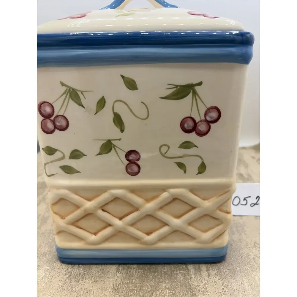 Large Inspirado Square Hand Painted BISCOTTI COOKIE JAR Cherry Basket Weave